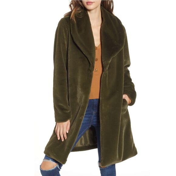 Leith Plush Faux Fur Shawl Collar Coat Large Womens Relaxed Olive Green Boho - Picture 1 of 11